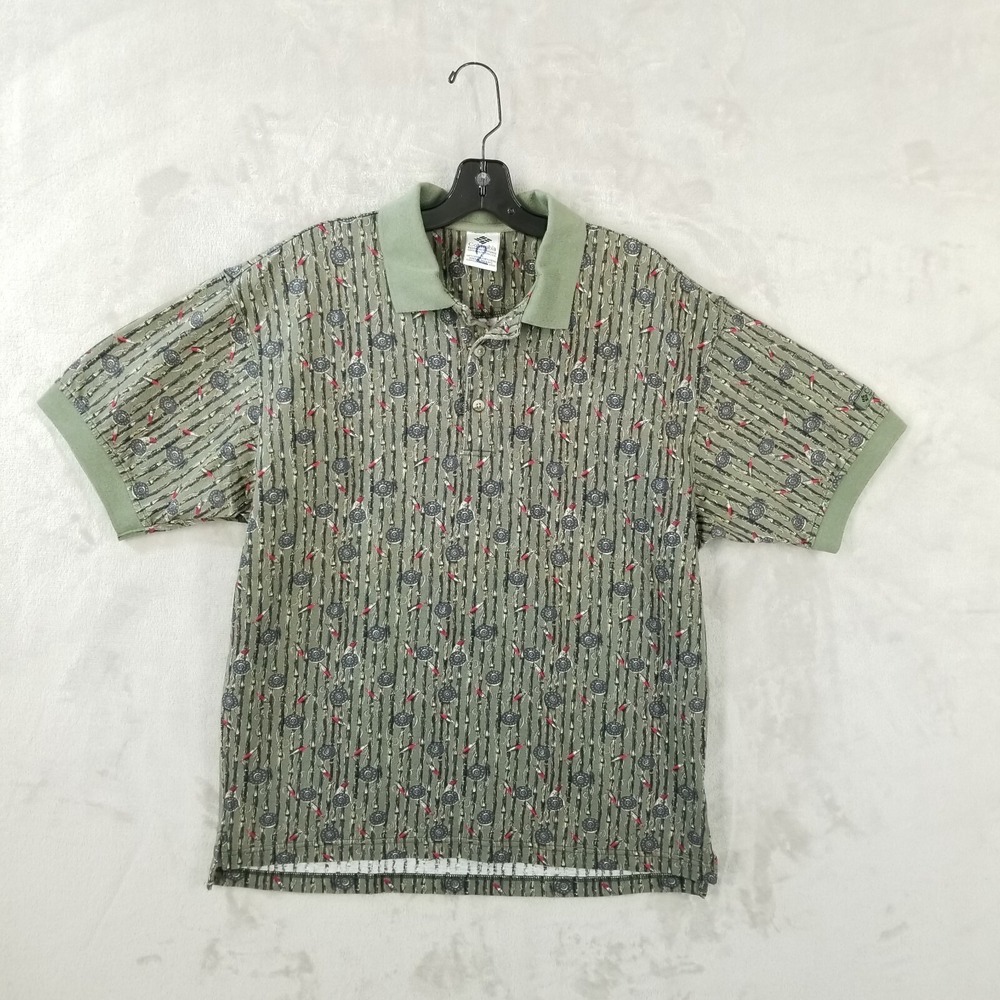 Vintage Columbia L Polo Fisherman Lure Outdoors Fishing Pole Nature Cotton
